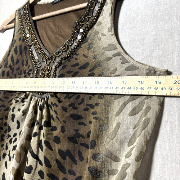 Zac Rachel Sleeveless Tunic Leopard Animal Print Beaded Sequin Ruffle Sz Medium - Picture 8 of 8